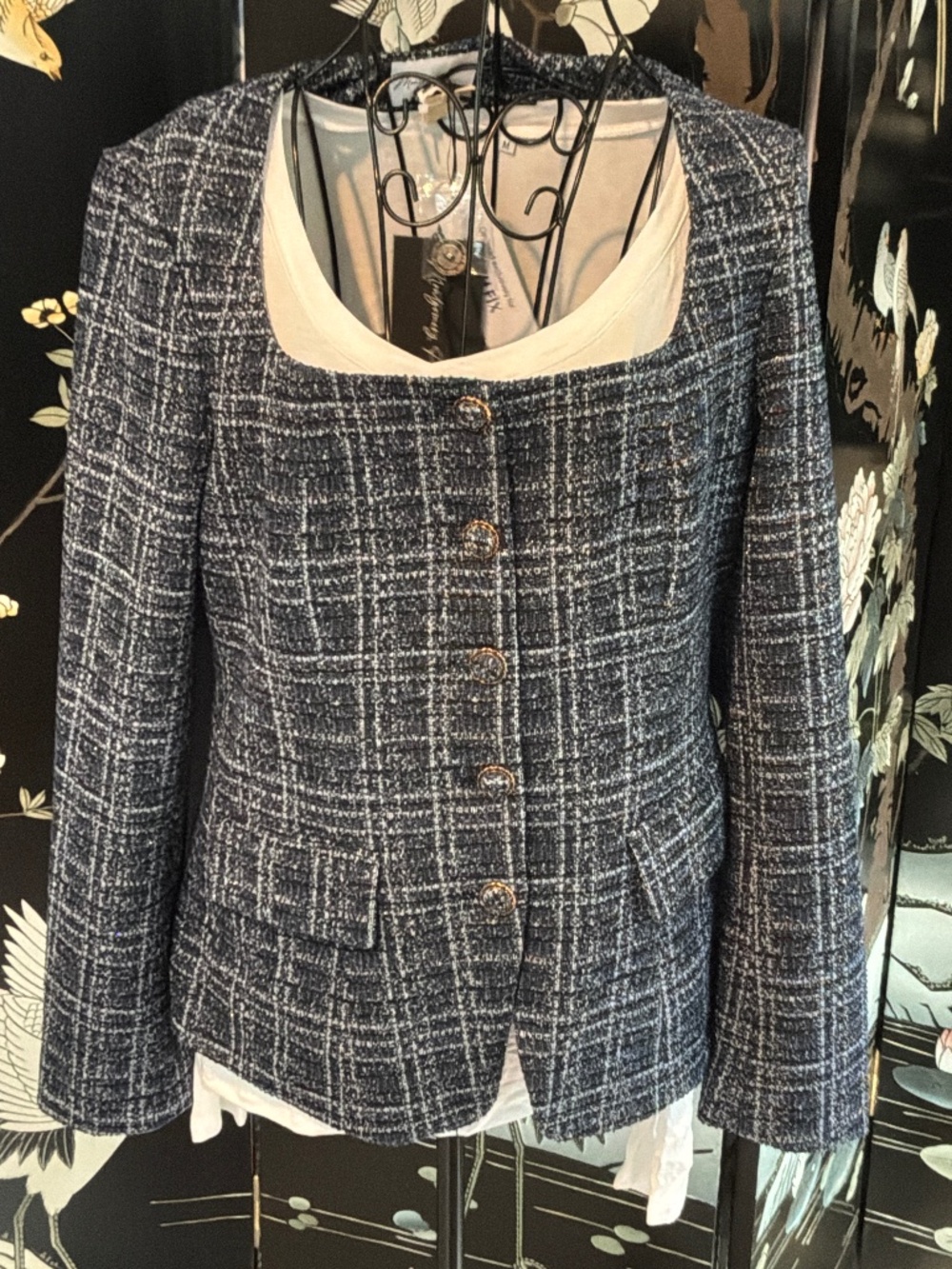 Leona Cher Navy Plaid Tweed Square Neck Blazer Jacket Small NWT